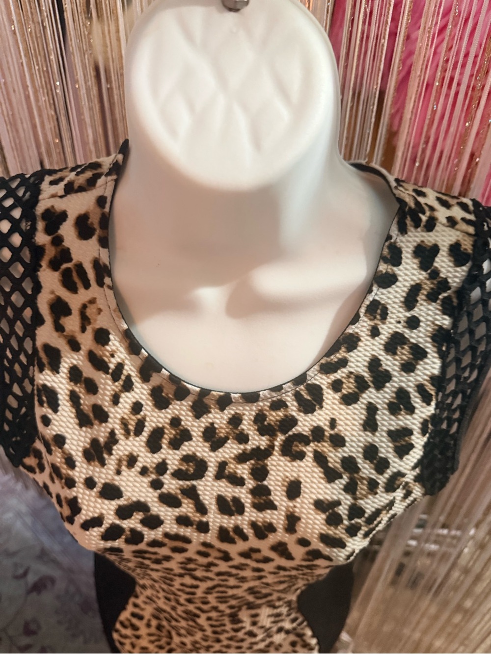 Leopard-Print Mini Dress with Mesh Sleeves - Beige & Black